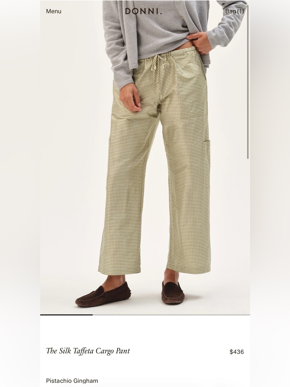 The Silk Taffeta Cargo Pants in Pistachio Gingham
